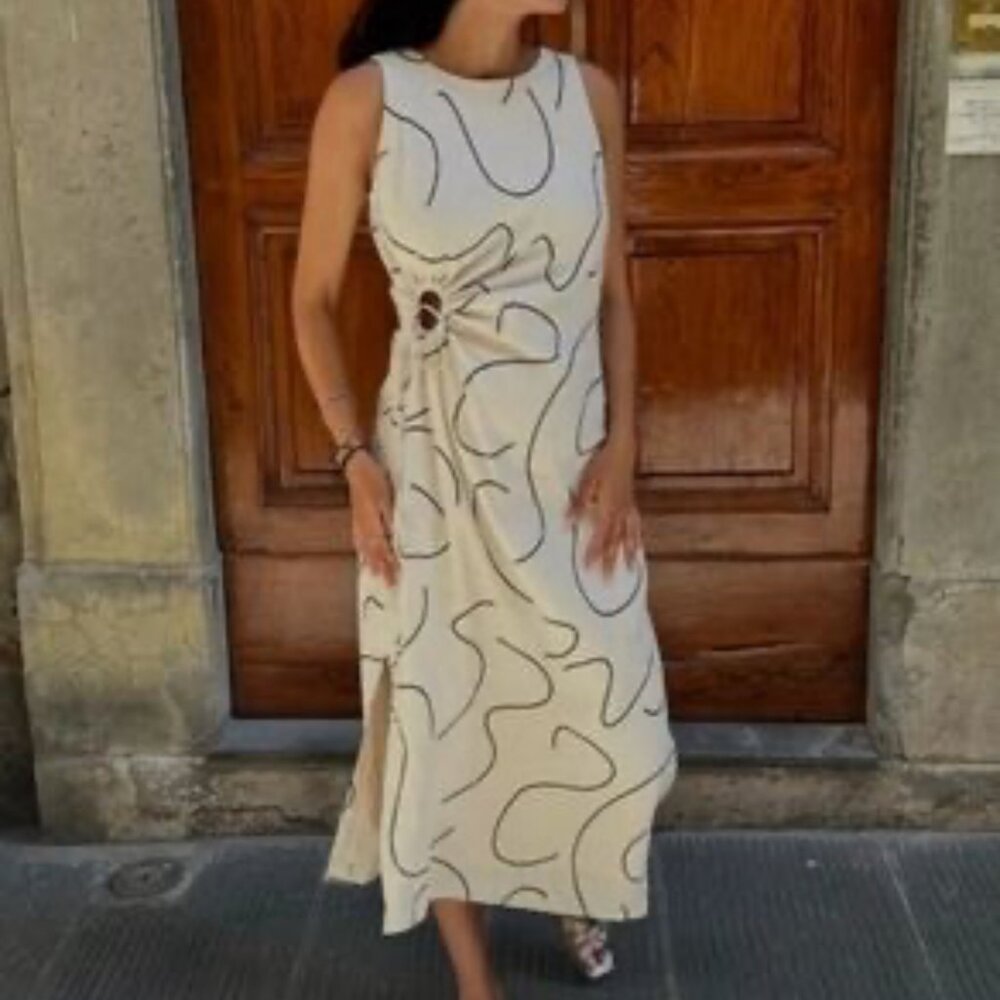 Magaschoni Linen Abstract Print Cream Open Side Tie Midi Dress size 6